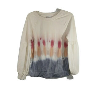 Knox Rose Sweatshirt Tie Dye Boho Women Size M Cream Grey Red Long Puff Sleeve